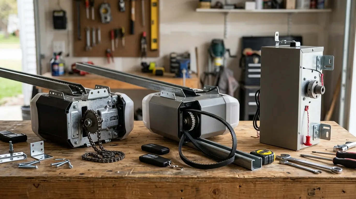 Chain, belt and wall-mount garage door openers on a workbench