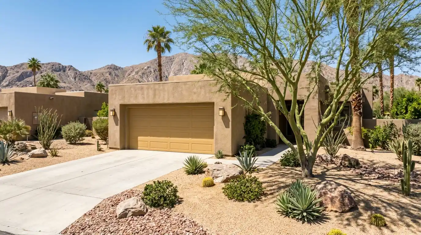 Sand colored garage door on a desert villa in Palm Desert