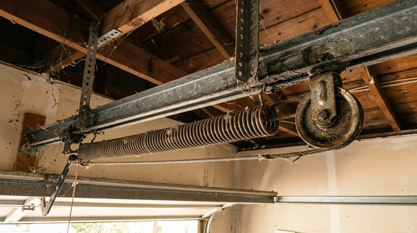 Before: old extension springs and pulleys along a horizontal track