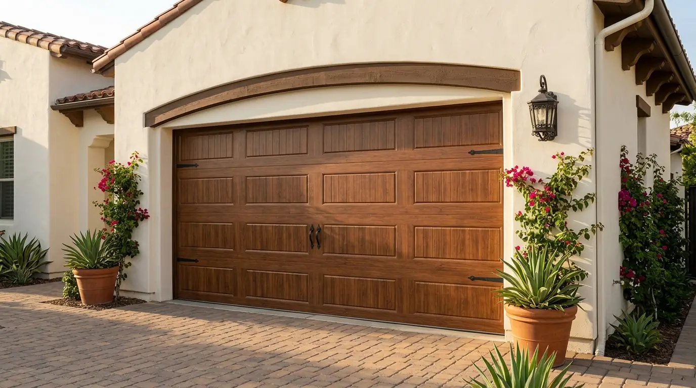 After: a finished woodgrain steel door on a Spanish style home