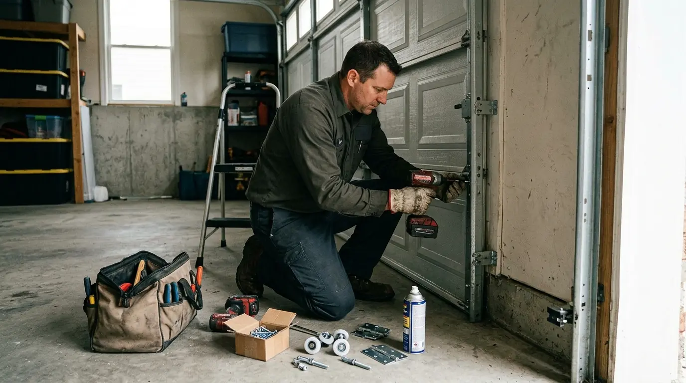 During the job: checking hinge screws and roller stems along a sectional door