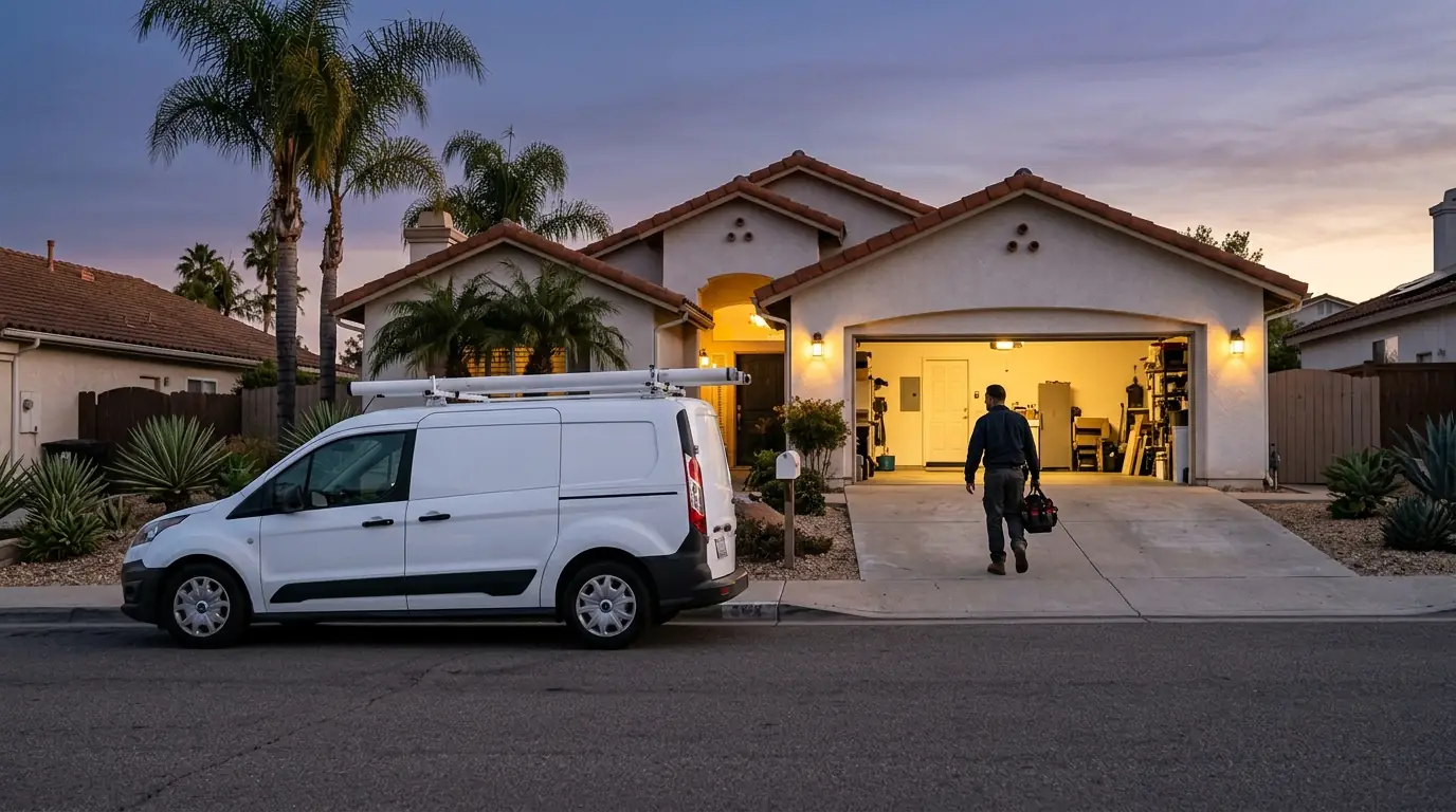 Service van in a San Diego driveway at dusk with the garage lit