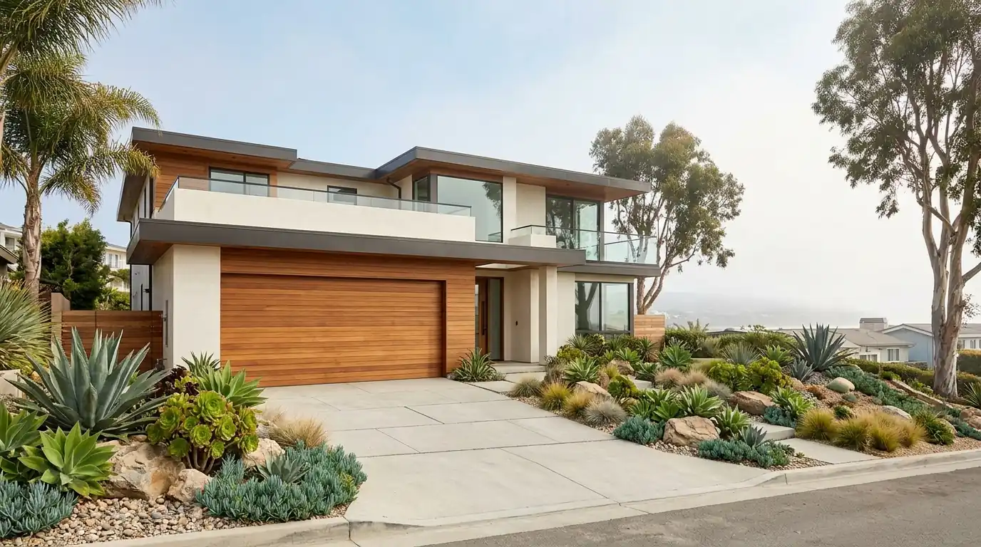 Flush wood-tone garage door on a coastal modern home in Encinitas