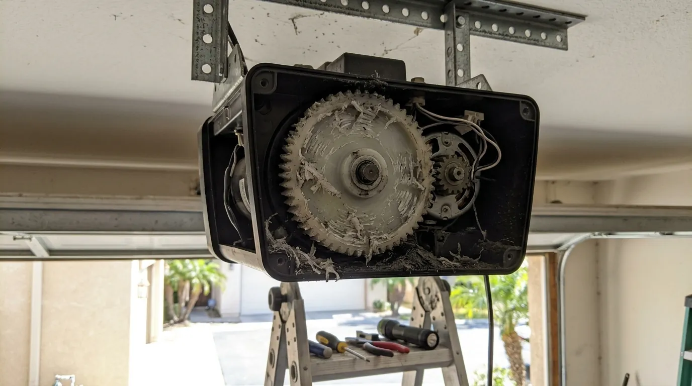 Before: an opener head with its cover off showing a shredded drive gear