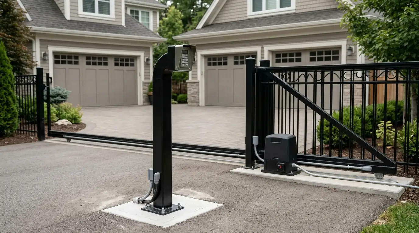 After: a finished automatic slide gate with keypad post at the drive