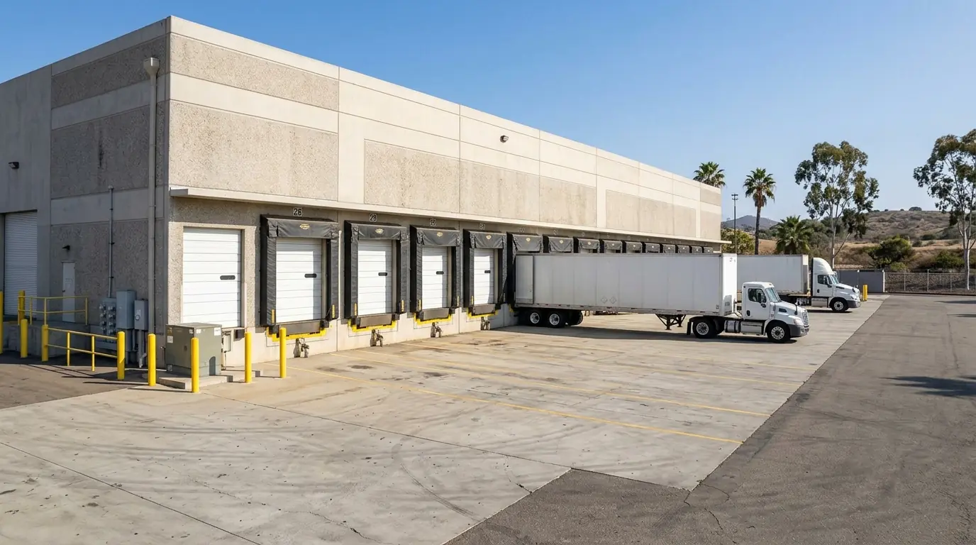 Row of insulated commercial sectional dock doors on a distribution building