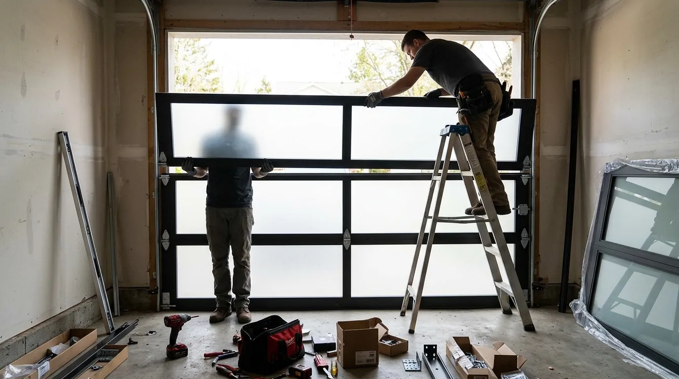 During the job: lowering a frosted glass aluminum section into place