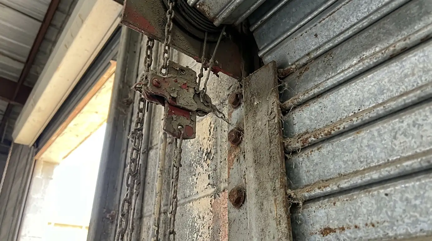 Before: a rolling fire door with a painted fusible link and dusty guides