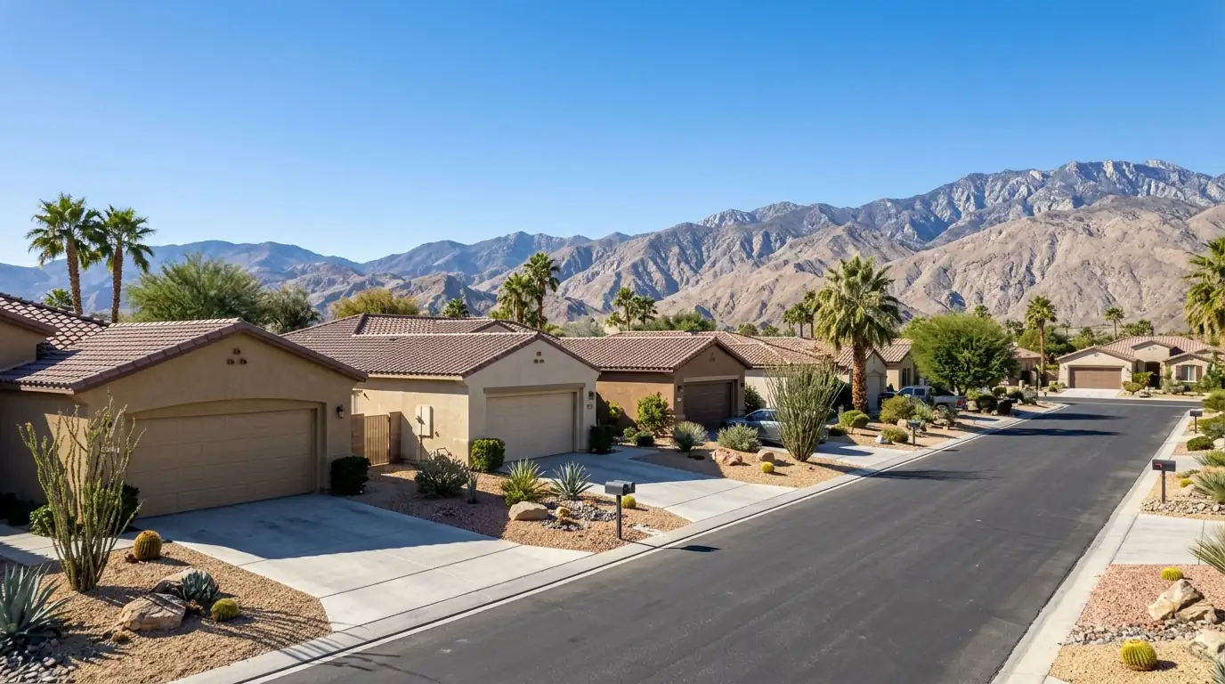 Coachella Valley homes with garage doors and mountains behind