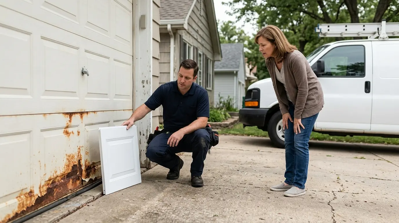 Technician showing a homeowner a rusted section beside a new sample