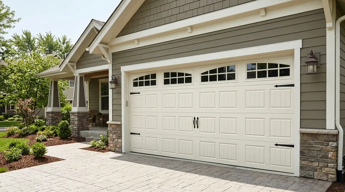 After: a finished carriage house door with arched windows on the bungalow
