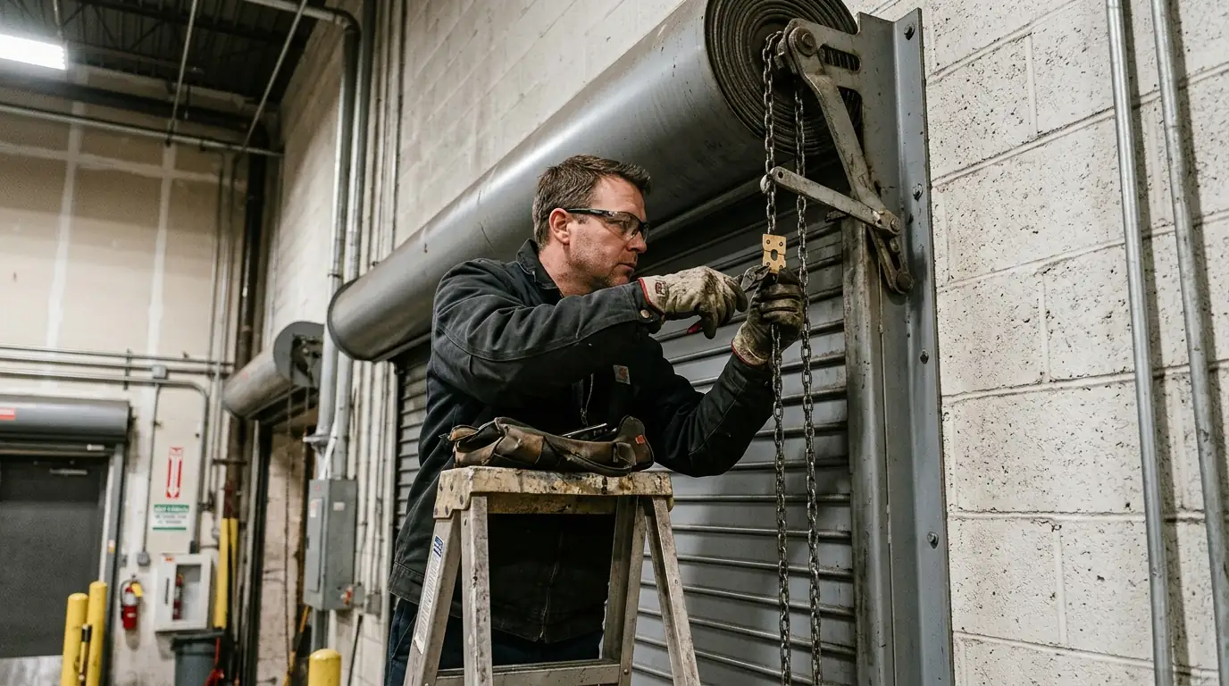 Technician replacing a fusible link on a rolling fire door