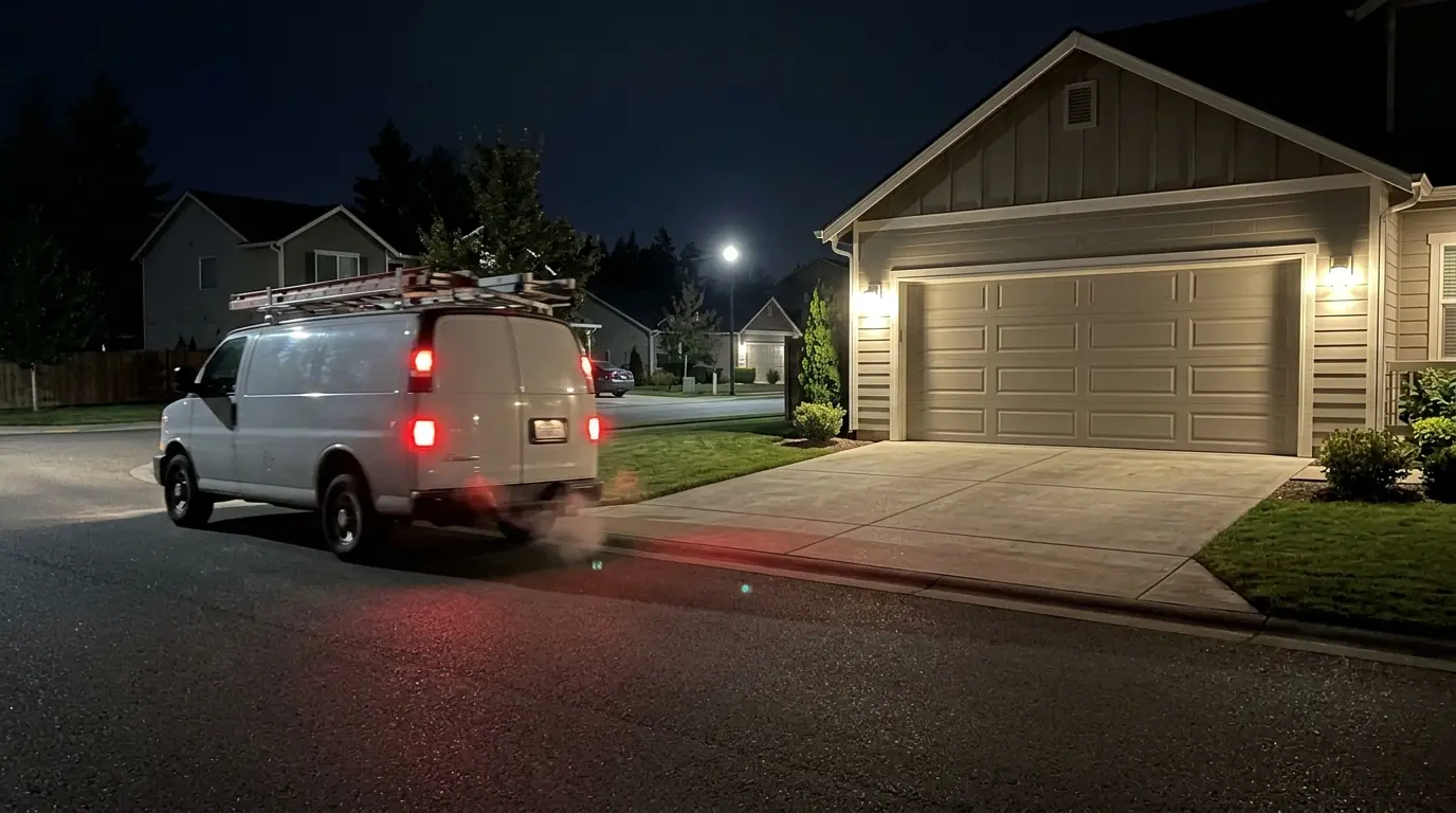 After: the same door closed and locked at night with the work van pulling away
