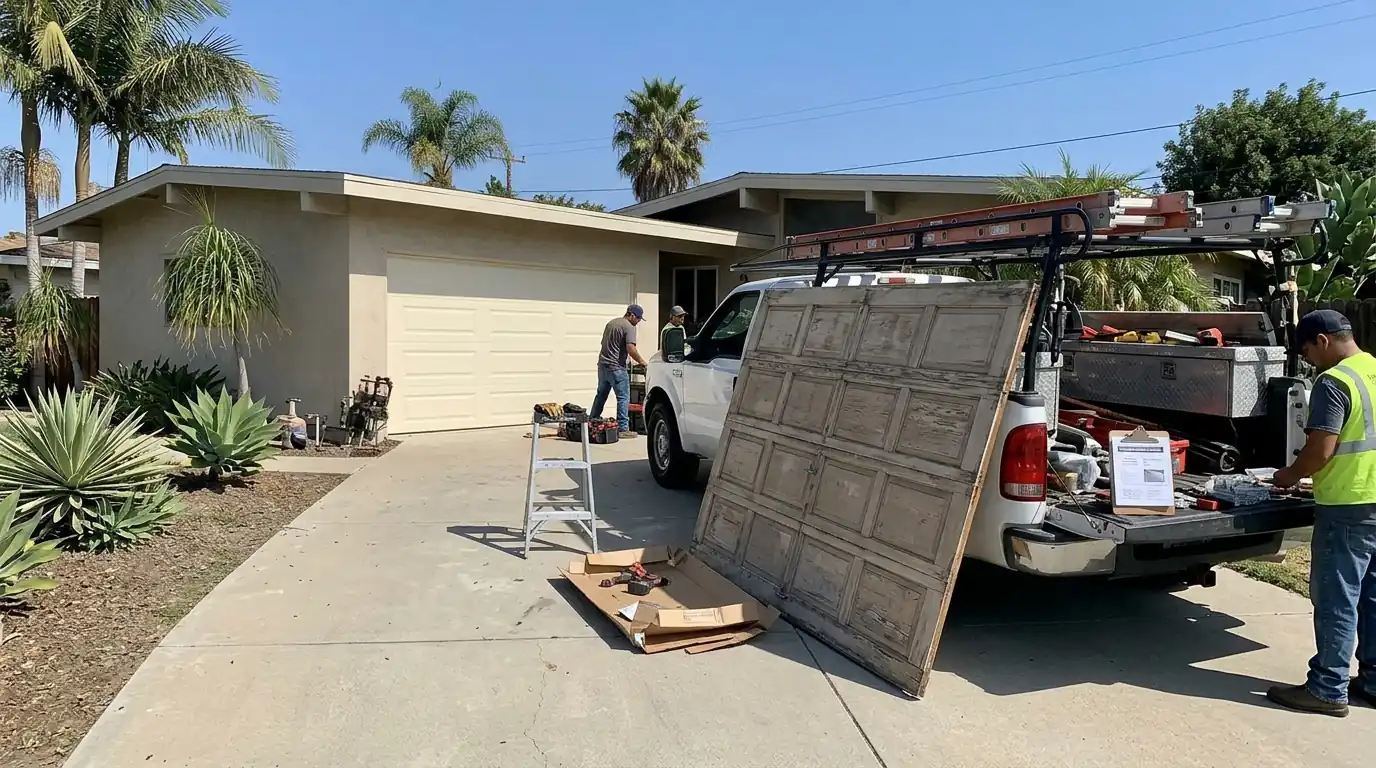 Mid-century ranch house with a new sectional garage door