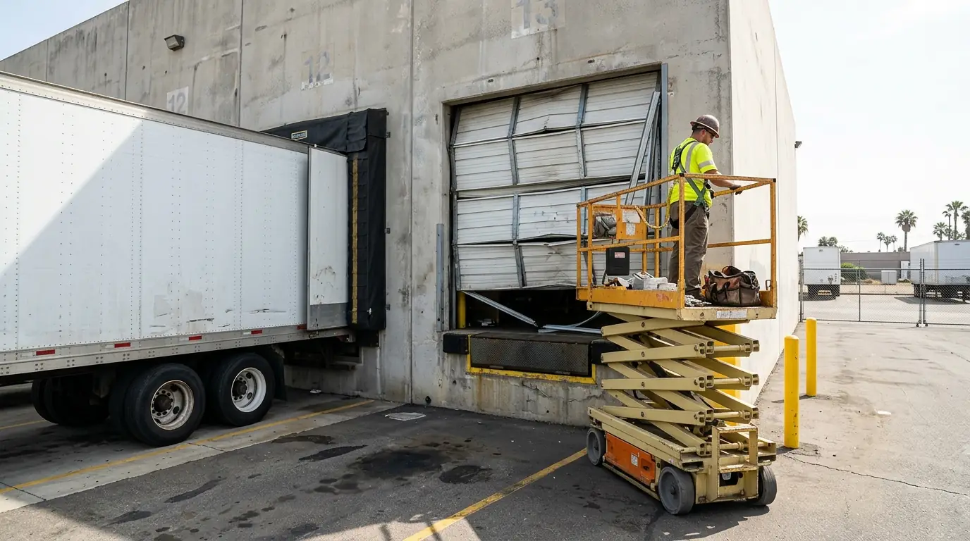 Technician repairing a damaged warehouse dock door from a lift