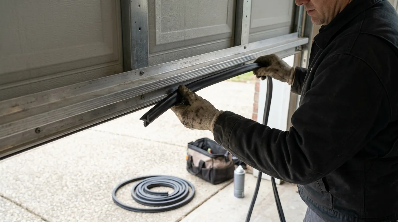 Technician installing a new bottom weather seal on a garage door