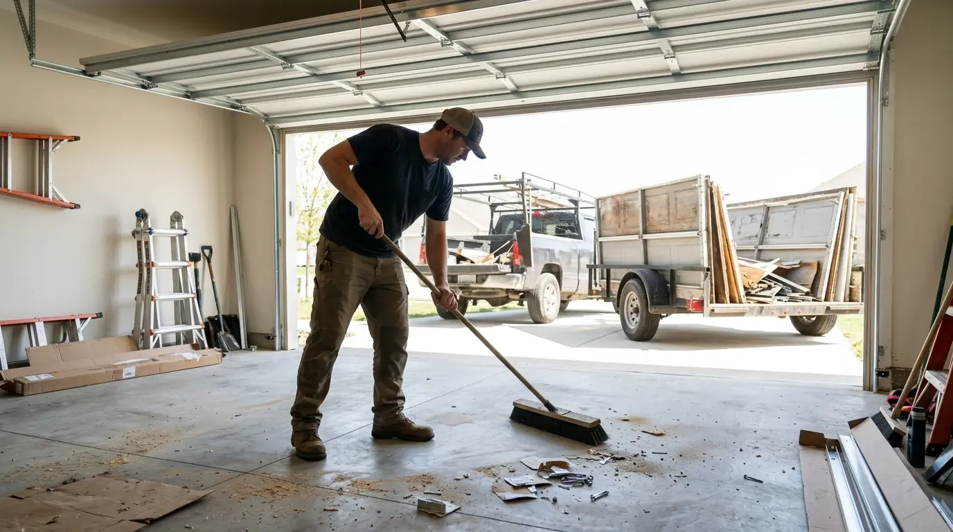 Technician sweeping a garage after an installation