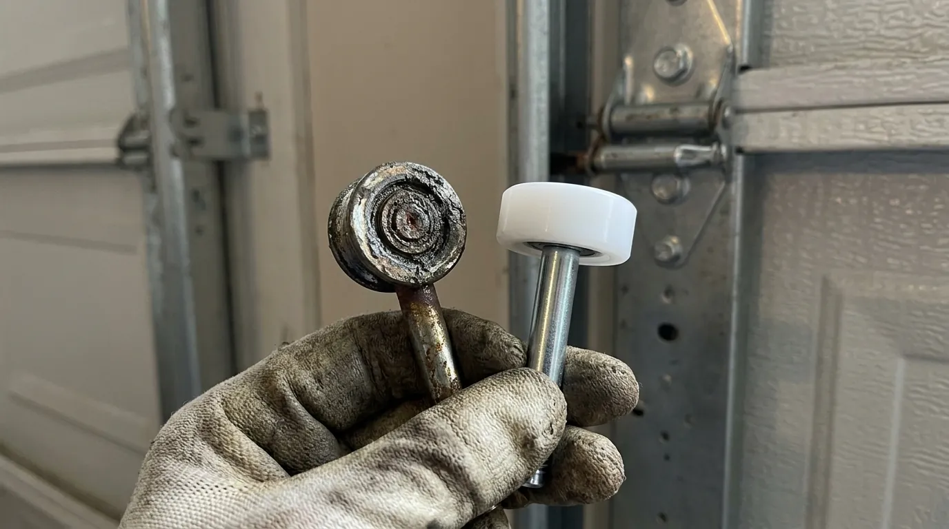 Worn steel garage door roller beside a new sealed nylon replacement