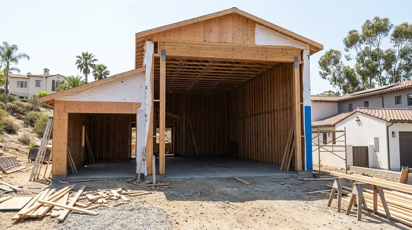 Before: an oversized RV height opening framed in a new garage