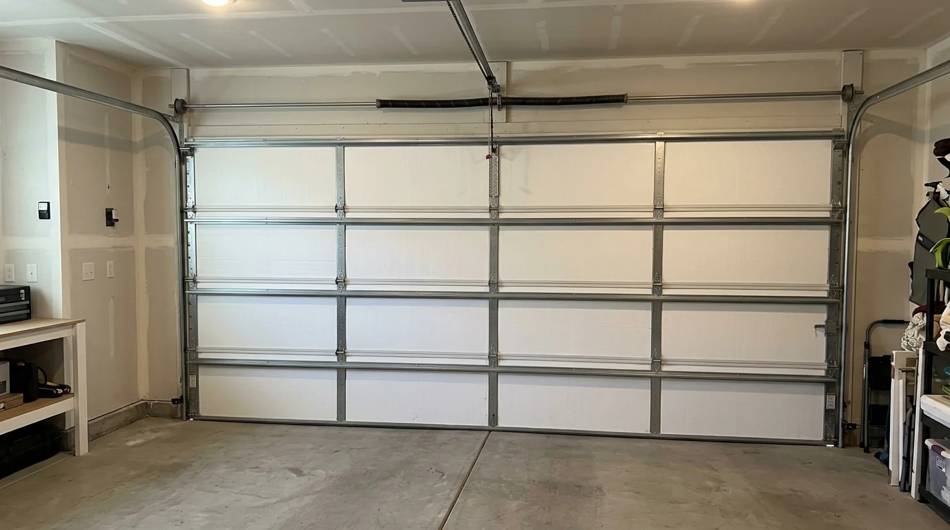 After: a garage door fitted with white insulation panels behind every section