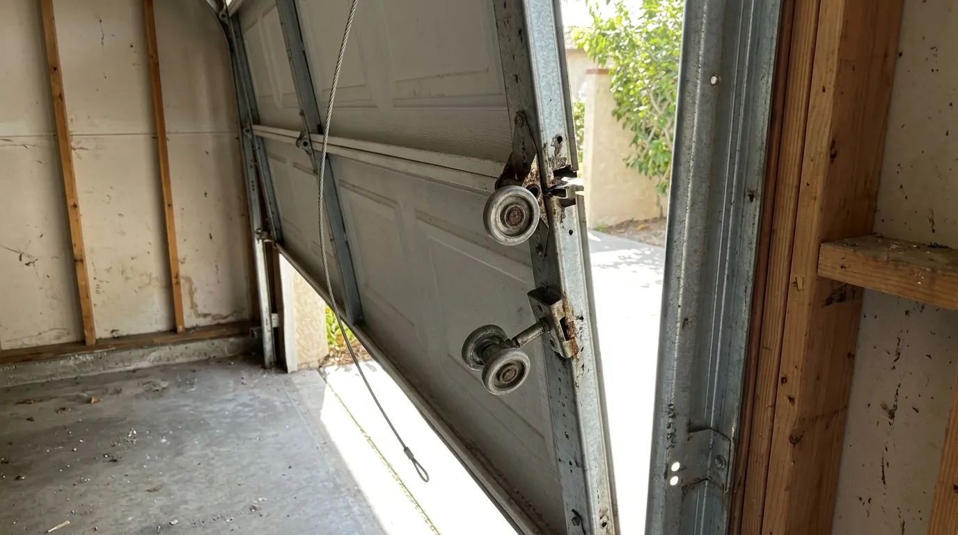 Before: a door hanging crooked with two rollers out of the vertical track