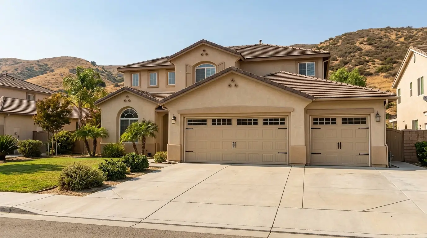 Carriage style garage door on a 2000s Murrieta home